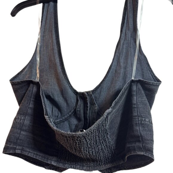 Black Denim Halter Vest Crop Top Button Front Y2K Style – Size XL - Picture 2 of 3